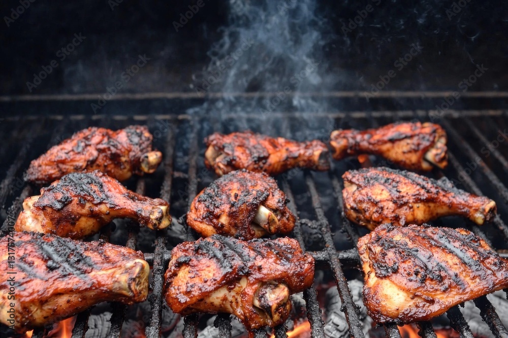 Grilled chicken smoking on metal grates over hot coals Grilled chicken smoking on metal grates over hot coals