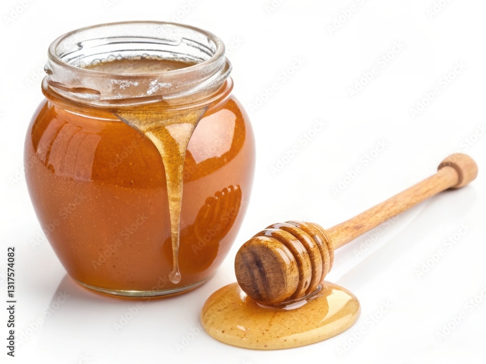 Pure Golden Honey in Glass Jar with Wooden Dipper, Organic and Natural Sweetener Pure Golden Honey in Glass Jar with Wooden Dipper, Organic and Natural Sweetener
