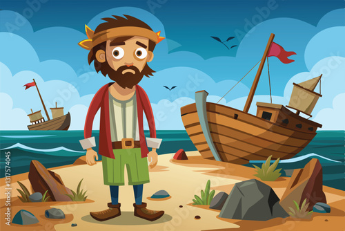 A cartoon character stands on a sandy beach after a shipwreck, looking thoughtful with ships in the distance, Shipwreck survivor Customizable Cartoon Illustration