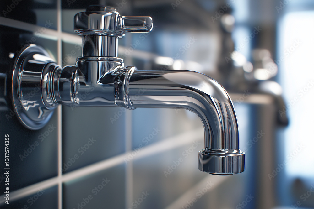 Close-Up of Shiny Chrome Faucet with Reflections