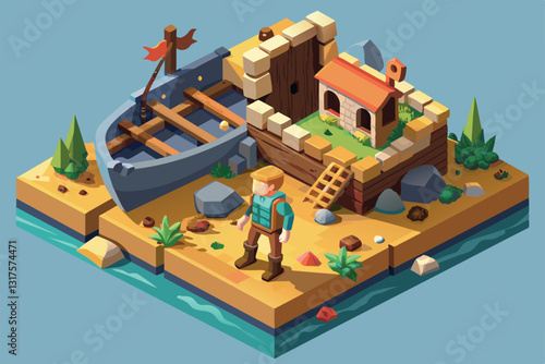 A shipwreck survivor navigates an isometric island, featuring a wrecked boat and a cozy cottage, Shipwreck survivor Customizable Isometric Illustration