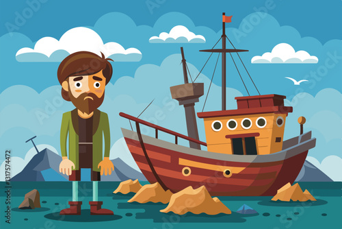 A shipwreck survivor looks forlorn by a beached boat surrounded by rocks and a cloudy sky, Shipwreck survivor Customizable Semi Flat Illustration