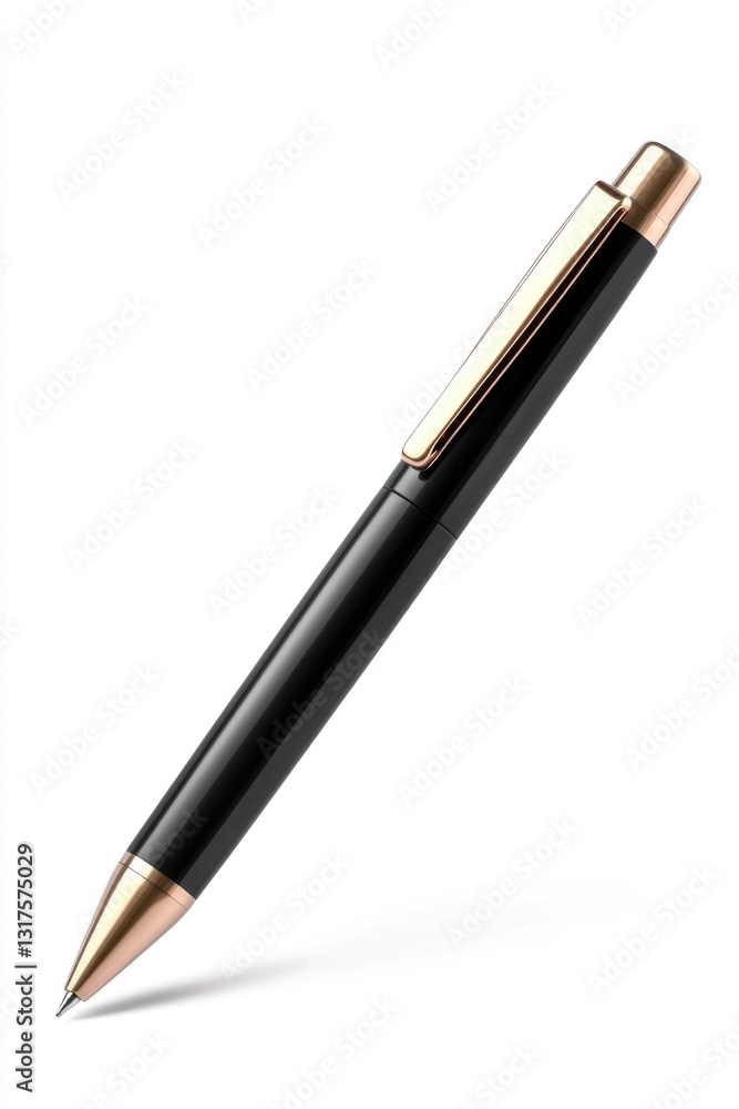 Black matte pen with pink golden metallic parts flying isolated on white background. Metallic ball pen with shadow. Mockup pen Black matte pen with pink golden metallic parts flying isolated on white background. Metallic ball pen with shadow. Mockup pen