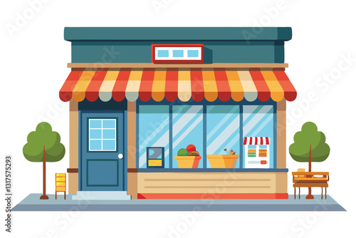 The shop features a vibrant awning, decorative plants, and displays of fresh produce and items inside, Shop building interior. isolated white background