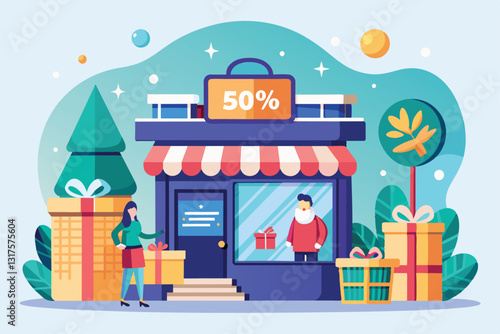 A shopper visits a store featuring holiday discounts and colorful gift items during the festive season, Shop for discounted items on holidays trending