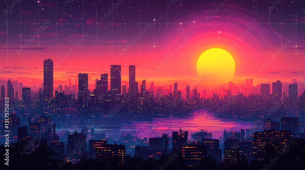 Obraz premium A glowing sunset illuminates a cityscape with modern towering buildings