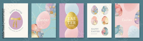Happy Easter greeting cards set with beautiful decorated eggs. Watercolor and golden eggs. Collection of elegant design templates in minimalist style. Trendy vector easter illustration