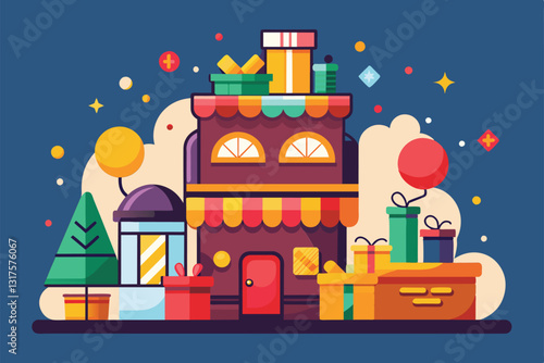 Colorful illustration shows a shop adorned with gifts, balloons, and festive elements for a giveaway event, Shop giveaway Customizable Flat Illustration