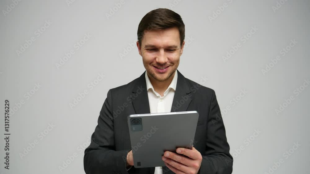 A man in a suit is happily engaging with his tablet in a bright, neutral studio. A man in a suit is happily engaging with his tablet in a bright, neutral studio.