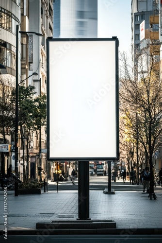 Blank white banner mockup on black city billboard, Empty bill board mock up isolated. Clear canvas template on sity street sign. Large outdoor poster screen. Big cityboard signage stand.