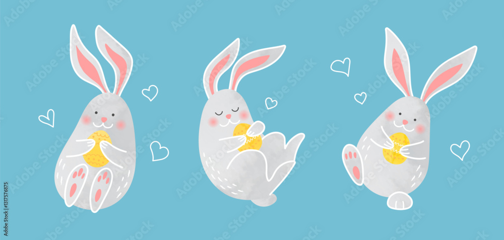Set of cute funny watercolor bunnies with eggs. Cartoon gray rabbits isolated on blue background. Vector illustration. Set of cute funny watercolor bunnies with eggs. Cartoon gray rabbits isolated on blue background. Vector illustration.