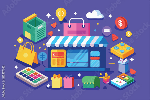 A lively digital illustration showcasing a shopping storefront surrounded by various commerce-related icons and items, Shopping and commerce,