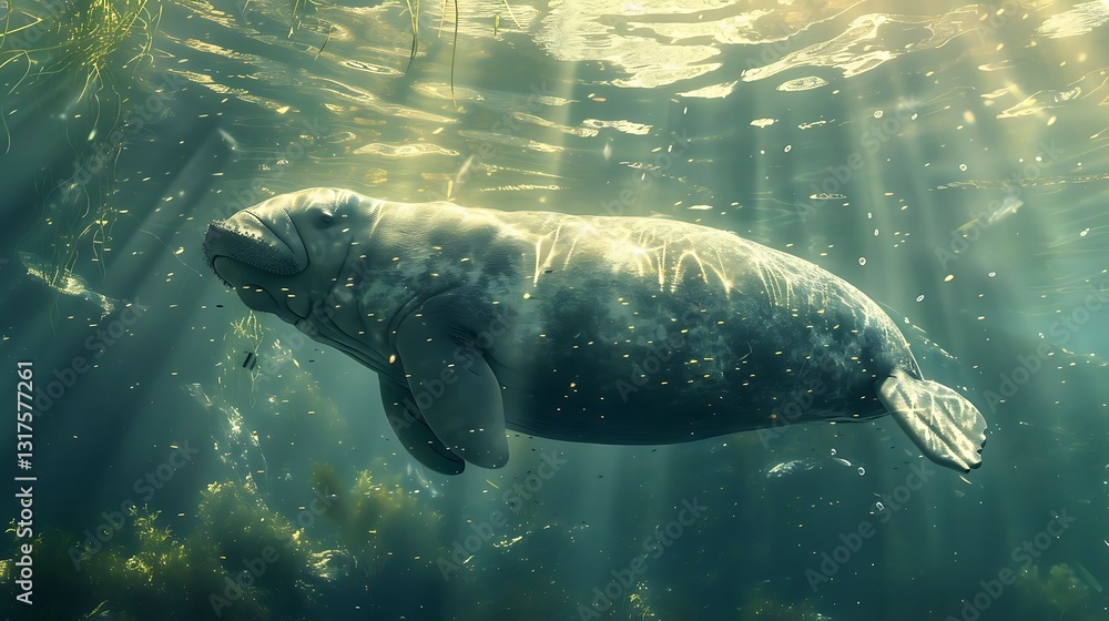 Obraz premium The sea cow, or manatee, is a gentle, slow-moving marine mammal found in warm coastal waters and rivers. With a large, rounded body, paddle-like flippers, and a broad, flat tail, it grazes on seagrass