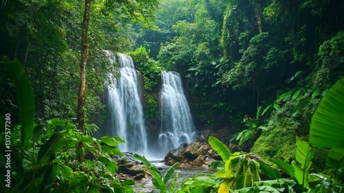 Lush Green Jungle with Majestic Waterfall and Vibrant Foliage