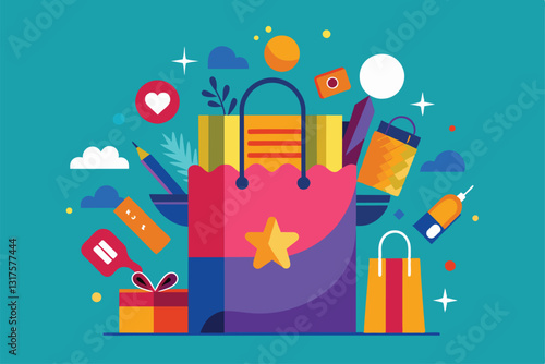 A vibrant shopping bag is filled with various colorful items, showcasing creativity and fun, Shopping bag Customizable Disproportionate Illustration