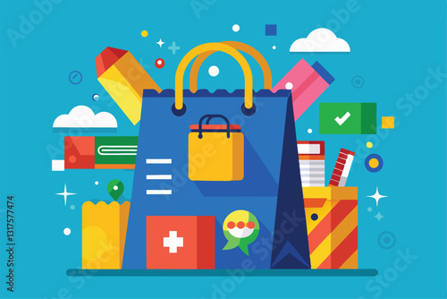 A vibrant illustration features a customizable shopping bag surrounded by colorful items and shapes, Shopping bag Customizable Disproportionate Illustration