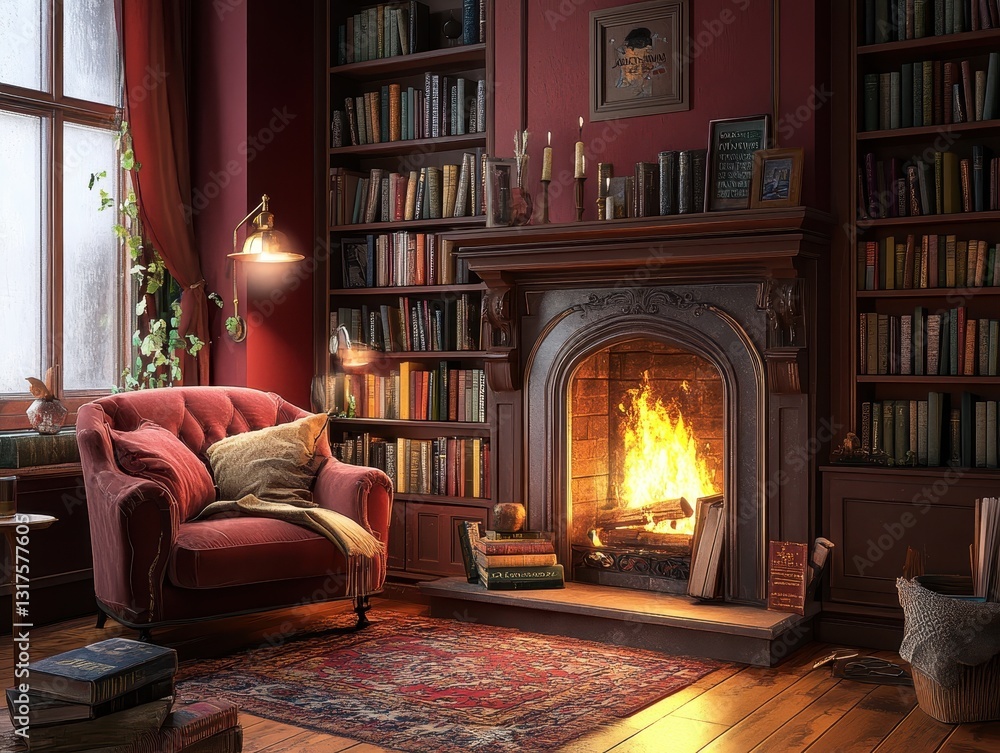 A cozy library scene featuring a fireplace and comfortable armchair A cozy library scene featuring a fireplace and comfortable armchair