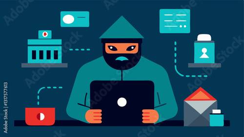 These descriptions canserve as inspiration for creating vector illustrations that convey the themes of hacking and cybercrime in a bank setting.