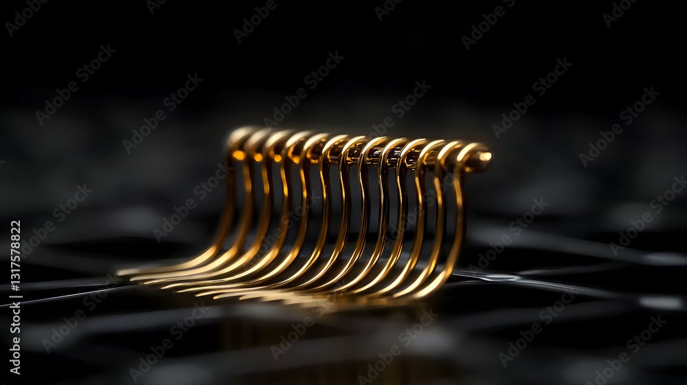 A golden structure with curving lines resting on a surface A golden structure with curving lines resting on a surface