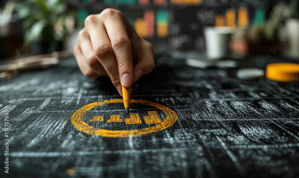 Naklejka premium Hand drawing upward trend graph, yellow chalk, dark surface.