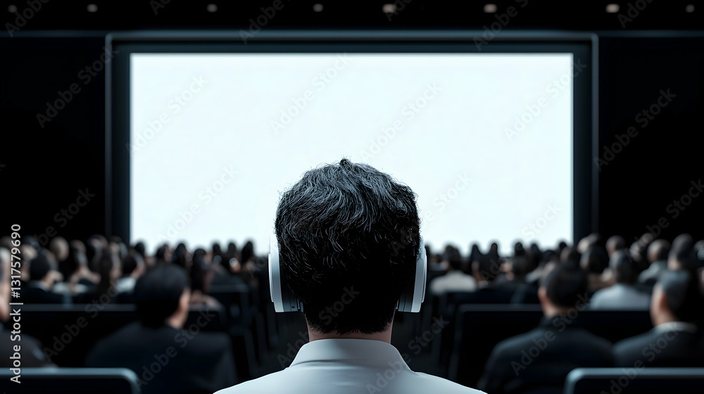 An audience member views a screen during a presentation event An audience member views a screen during a presentation event