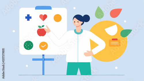 Holistic Approach An illustration of a nutritionist combining elements of physical health mental wellness and personalized nutrition on a large board demonstrating the holistic