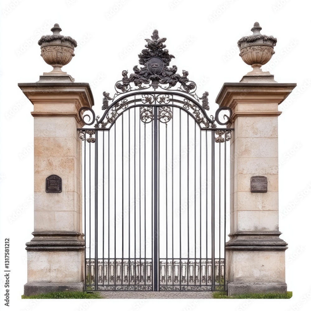 Obraz premium Ornate wrought iron gate with stone pillars and decorative urns against white sky