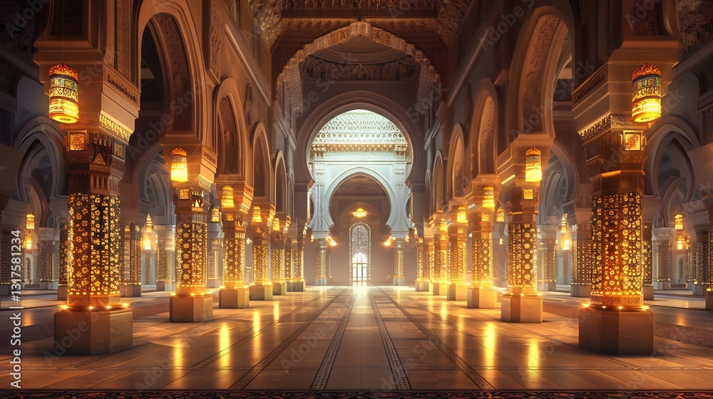 Fototapeta premium Majestic grand mosque interior with tall arches and intricate Islamic patterns