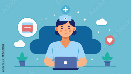 Mental Health Support A nurse providing mental health support over video chat with calming visuals and icons representing mindfulness and emotional wellness in the background.