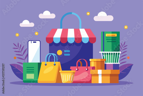 A lively arrangement of shopping bags, baskets, and gifts creates an inviting shopping atmosphere, Shopping promo with basket and shopping bags, online shop