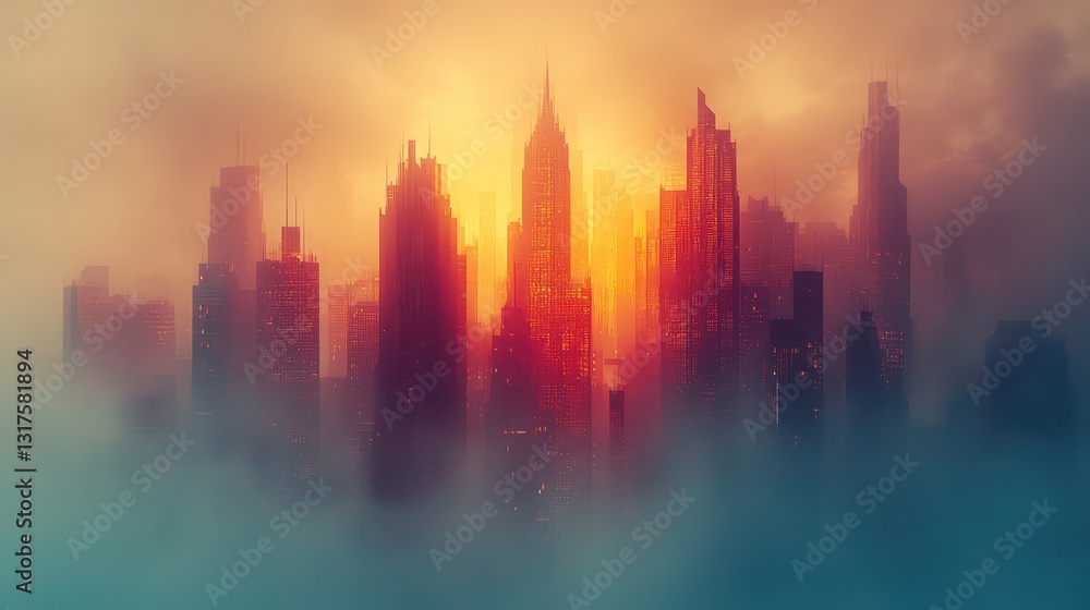 Fototapeta premium A dramatic cityscape silhouetted by a bright warm hazy light