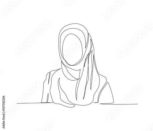 Arab woman in national dress, hijab himara, chador one line art. Continuous line drawing of online Muslims, Islam, traditions, clothing, folk, oriental.