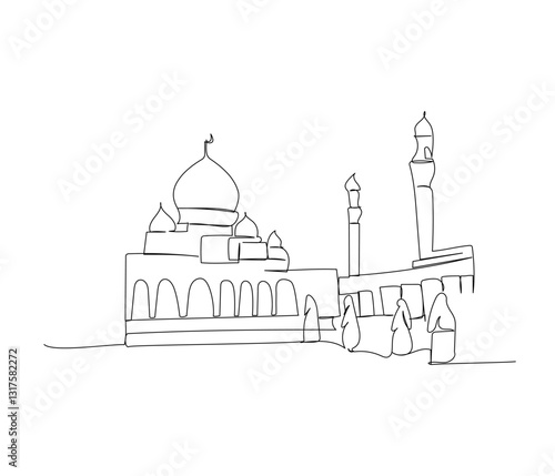 Muslim house of prayer, square near the mosque, visitors, believers, architecture one line art. Continuous line drawing of online Muslims, Islam, traditions, clothing, folk, oriental.