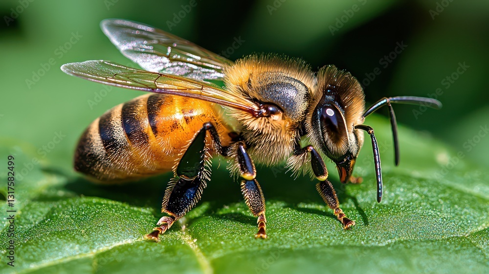 A close up photograph of a honey bee on a leaf A close up photograph of a honey bee on a leaf