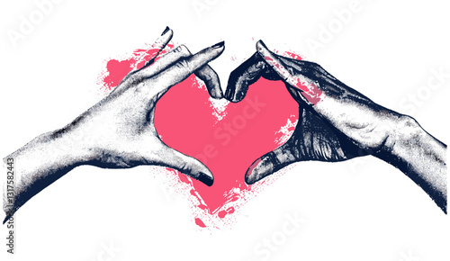 Heart gesture hands, Valentines day vector, trendy retro collage, male female love sign, halftone design, modern romantic illustration, transparent background, love symbol