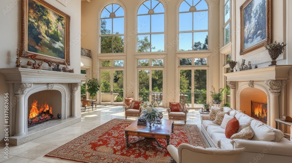 Fototapeta premium Luxurious Living Room with High Ceilings and Elegant Decor