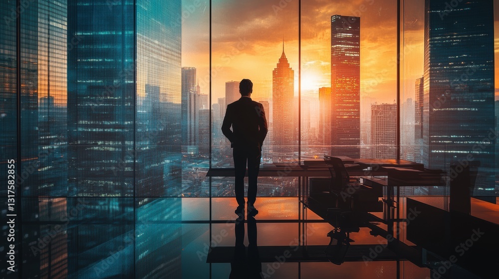 Contemplative businessman standing near big window looking out at city, thoughtful entrepreneur building future plans, thinking over ways to overcome business problems, pass through crisis, back view Contemplative businessman standing near big window looking out at city, thoughtful entrepreneur building future plans, thinking over ways to overcome business problems, pass through crisis, back view