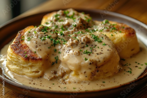 Flaky Golden Biscuits with Creamy Sausage Gravy on Rustic Plate photo