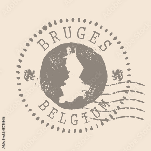 Stamp Postal of Bruges is city of Belgium. Map Silhouette rubber Seal.  Design Retro Travel. Seal  Map of Bruges grunge  for your design. Belgium. EPS10