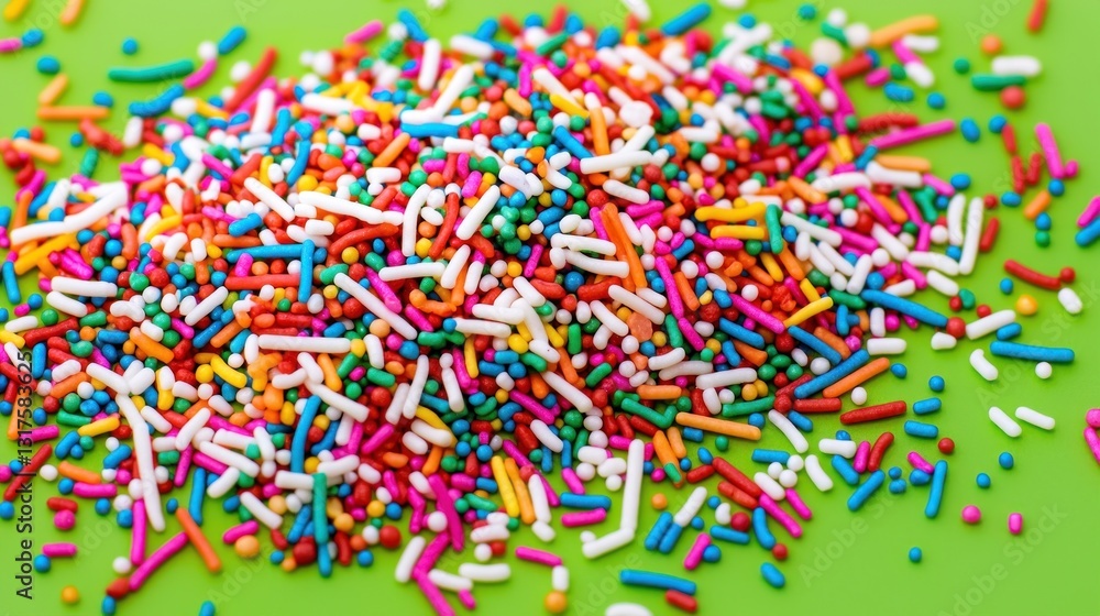 Fototapeta premium Heap of bright sprinkles red, white, blue, yellow, orange on a green background