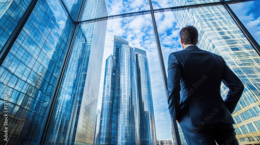 Contemplative businessman standing near big window looking out at city, thoughtful entrepreneur building future plans, thinking over ways to overcome business problems, pass through crisis, back view Contemplative businessman standing near big window looking out at city, thoughtful entrepreneur building future plans, thinking over ways to overcome business problems, pass through crisis, back view