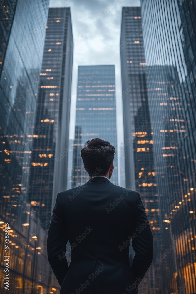 Rear view of serious businessman looking at copy space while standing against glass skyscraper, young professional worker waiting for international partners outdoors near large company Rear view of serious businessman looking at copy space while standing against glass skyscraper, young professional worker waiting for international partners outdoors near large company