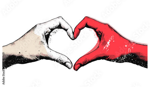 Valentines day vector illustration, halftone collage element, heart gesture hands, male female love sign, trendy modern retro style, transparent background, romantic design