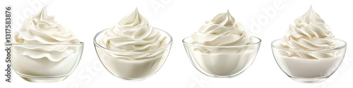 White whipped cream in a glass bowl isolated on transparent background. PNG, Set of