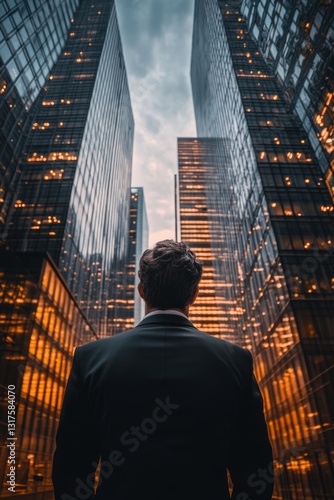 Rear view of serious businessman looking at copy space while standing against glass skyscraper, young professional worker waiting for international partners outdoors near large company