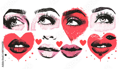 Vector Valentine's Day halftone collage, red and pink hearts, lips, female eyes and mouths, cut out magazine shapes, modern retro grunge punk, love illustration, romantic design