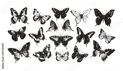 Various butterflies vector, spring elements, grunge texture, summer aesthetic, Y2K style, stippling grain effect, trendy design, ideal for poster, t-shirt, tee print