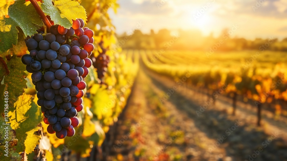 Vineyard Sunset: Ripe Grapes at Golden Hour in a Picturesque Wine Country