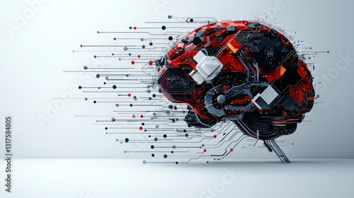 A conceptual image of a red and black technological brain