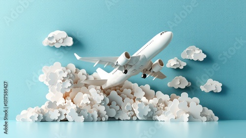 A white airplane is flying through paper cut clouds